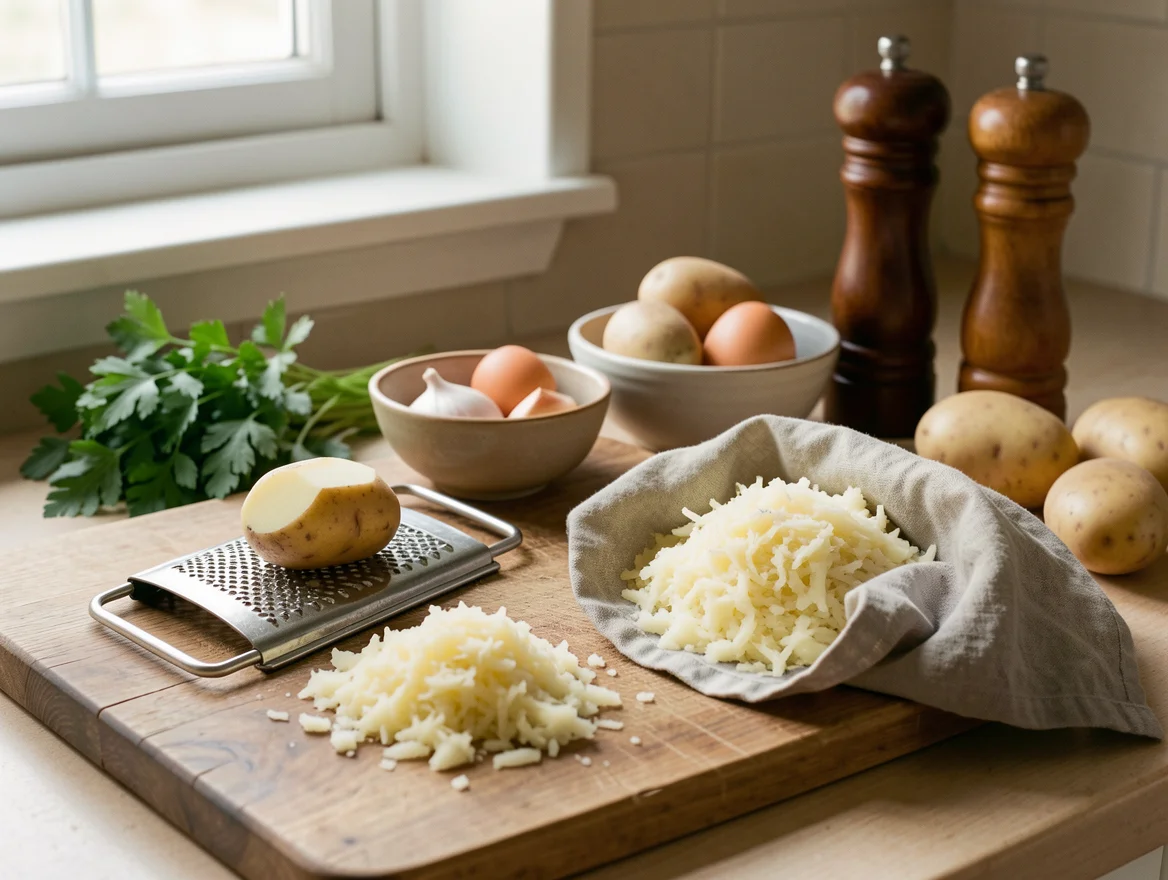Pommes de terre râpées dans un torchon, œufs, ail et persil prêts pour la râpée