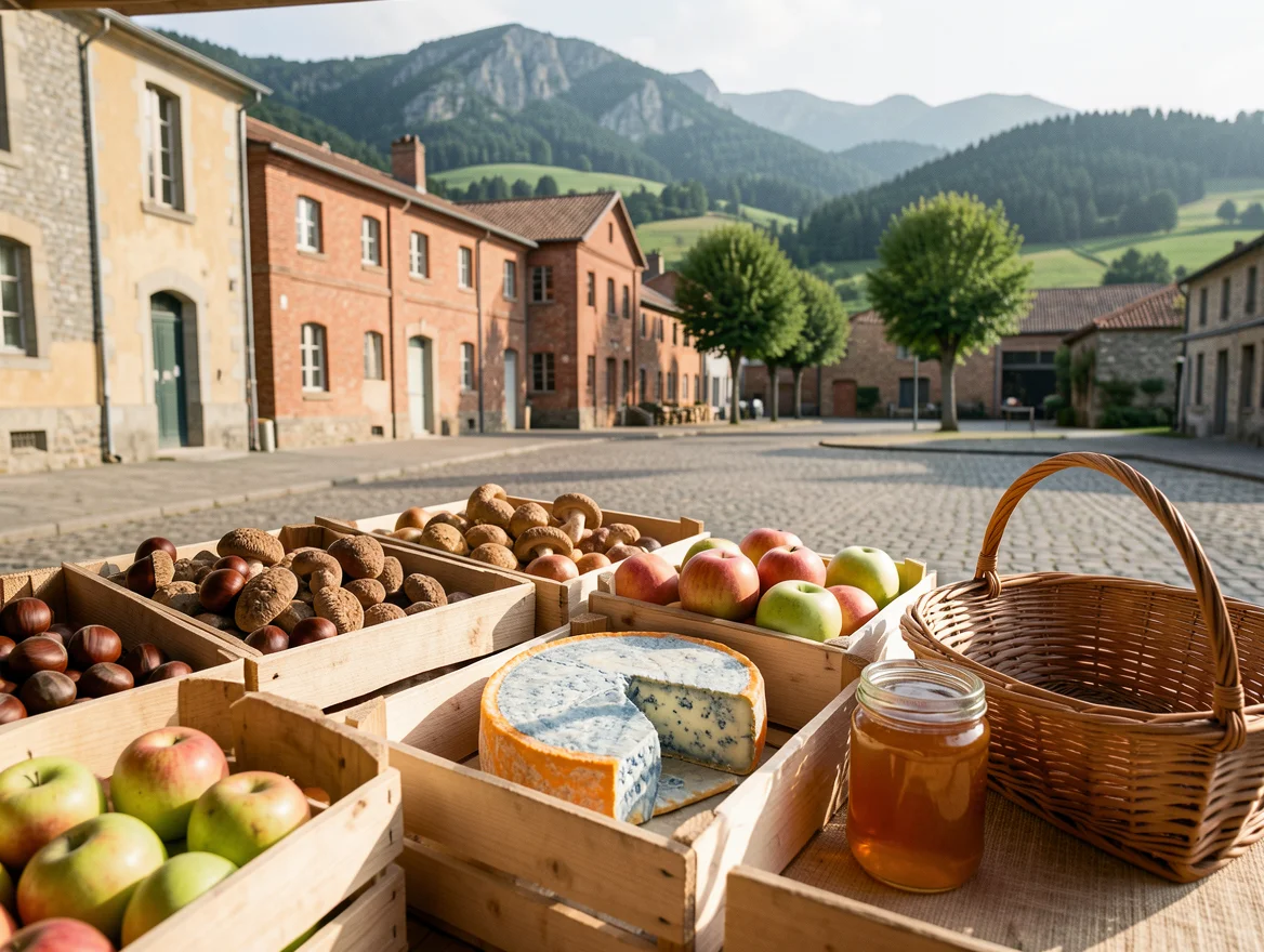 Étal de producteur : châtaignes, cèpes, pommes, miel et fourme