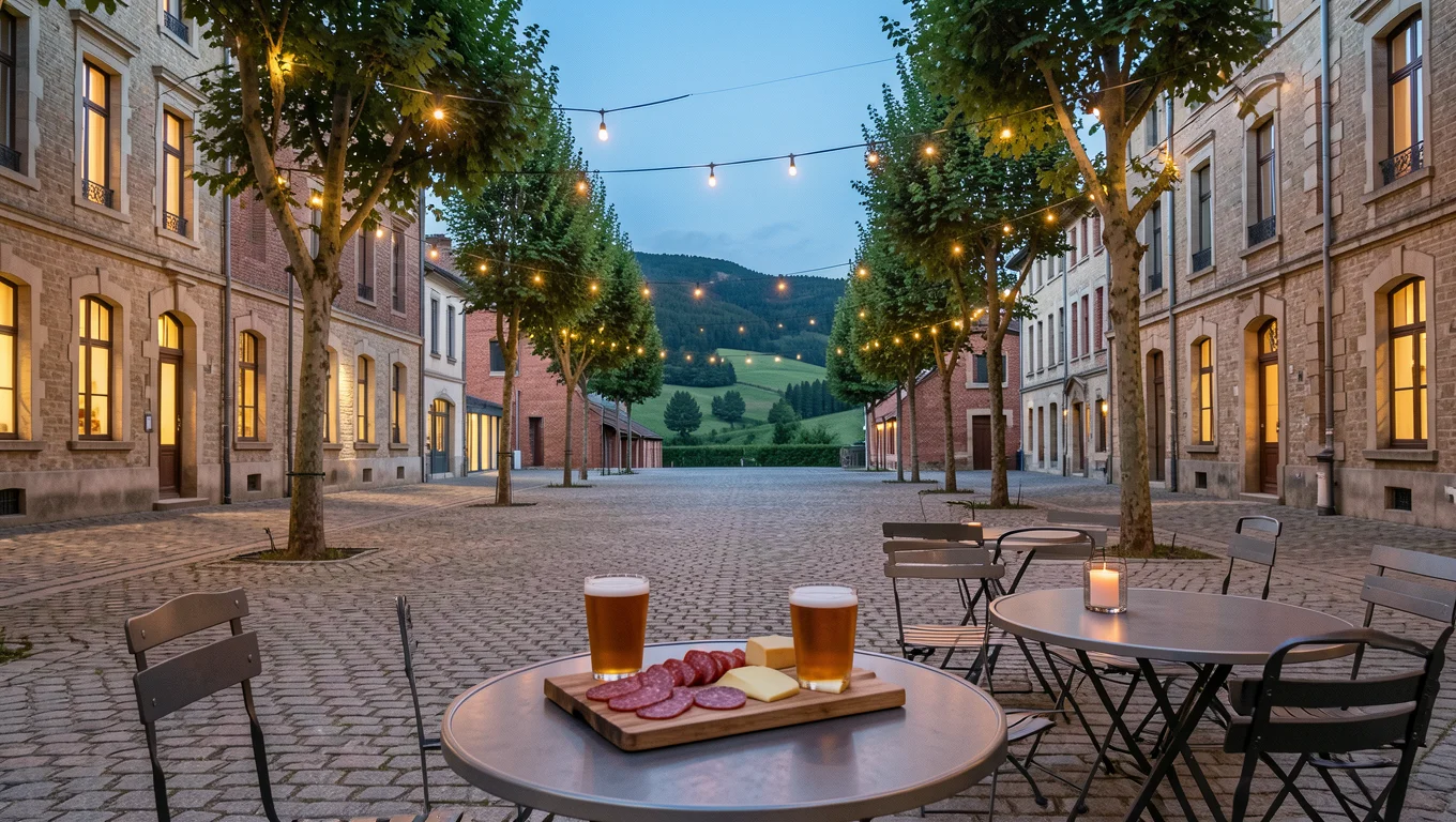 Terrasse de café déserte à la tombée du jour sur une grande place, bières et planche de charcuterie