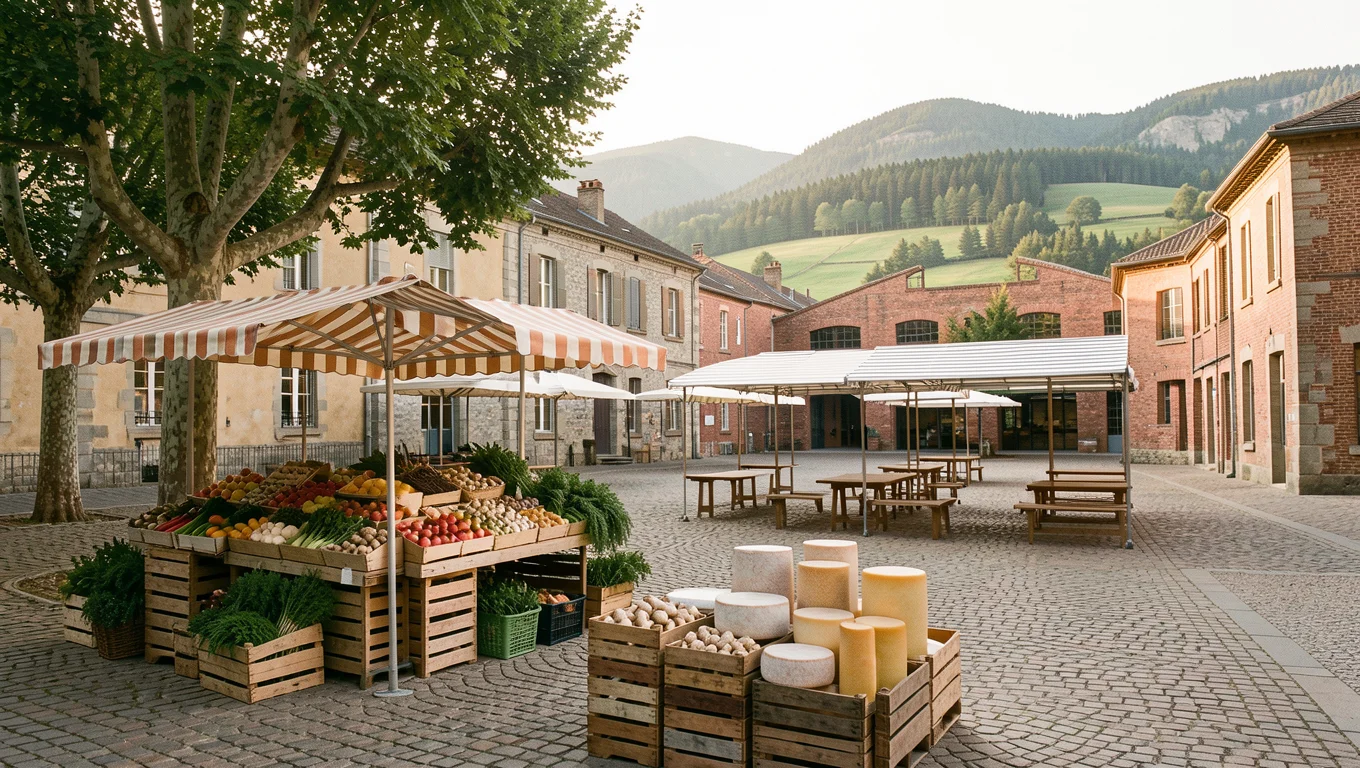 Étals d'un marché de plein air au petit matin, légumes de saison, champignons et fromages