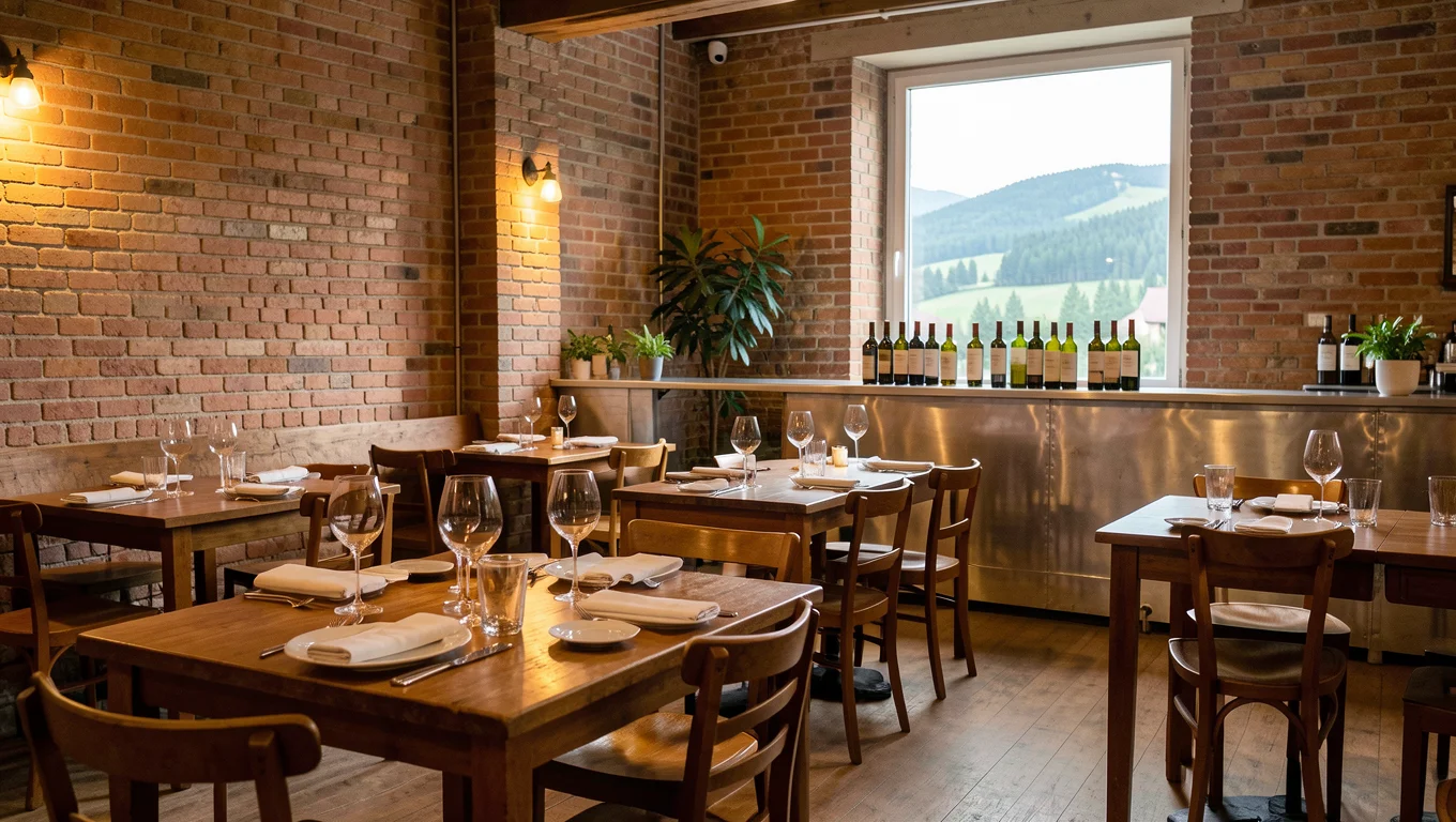 Salle de bistrot vide aux murs de brique, tables dressées avant le service du soir