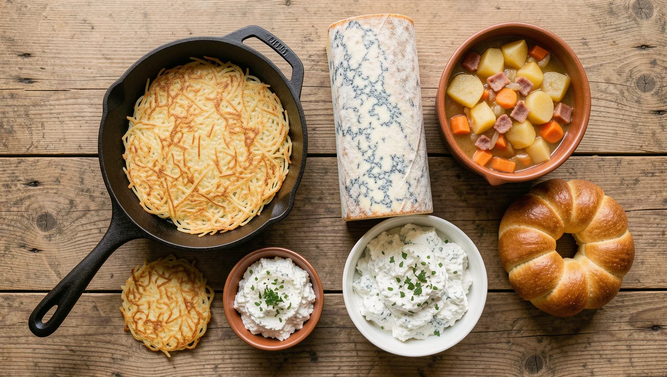Spécialités du pays stéphanois sur une table de bois : râpées, ragoût de pommes de terre, fourme et brioche