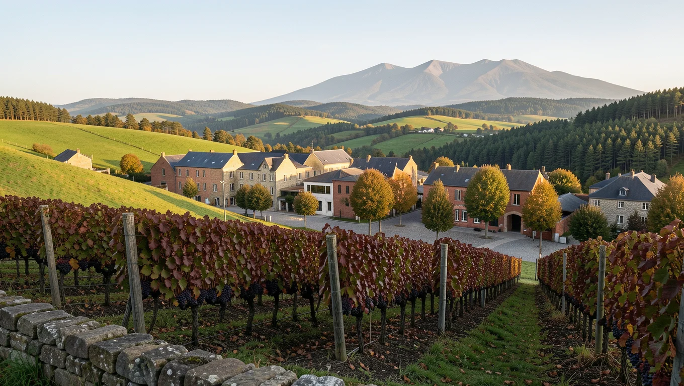 Rangs de vigne sur un coteau volcanique à l'automne, collines et monts à l'horizon