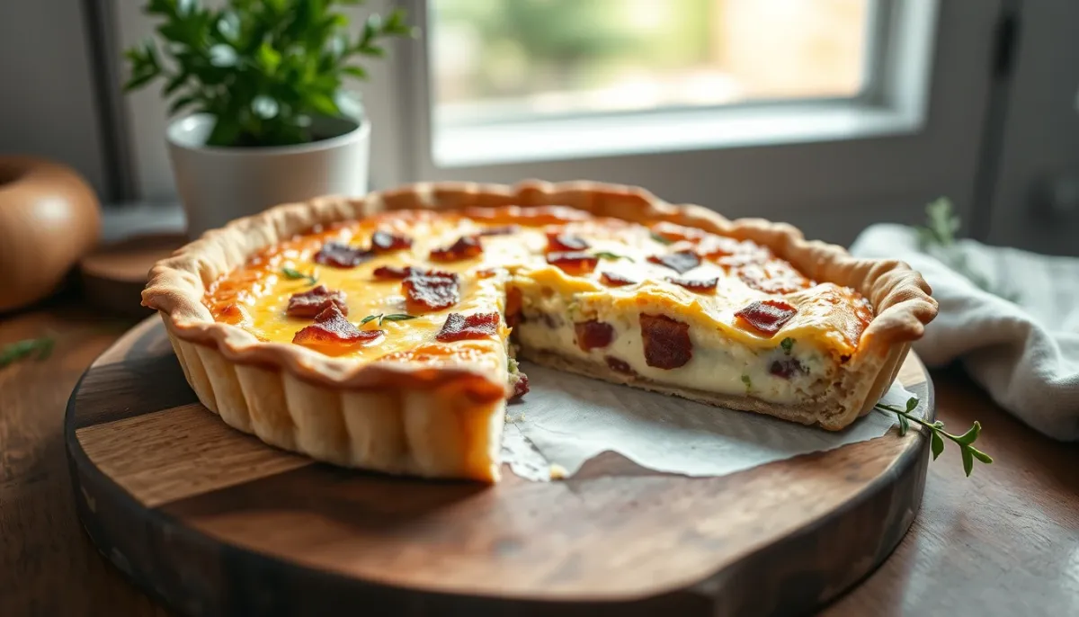 Quiche lorraine coupée en parts sur une planche en bois