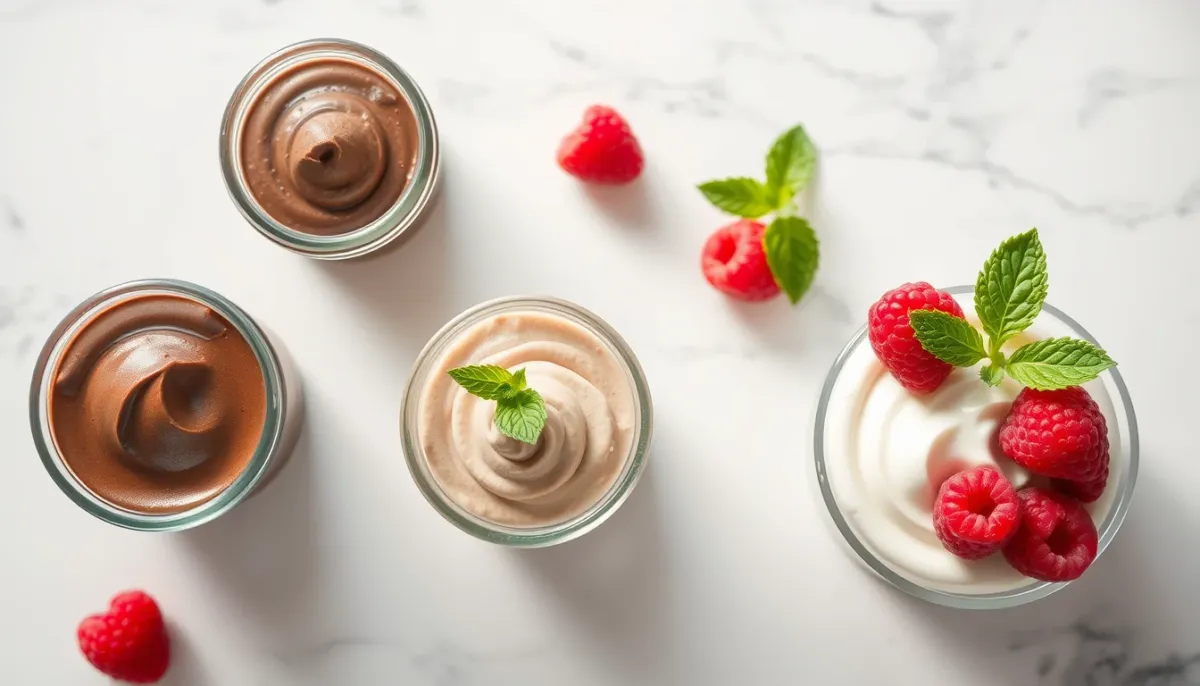 Trois variantes de mousse au chocolat : noir, au lait et blanc avec framboises