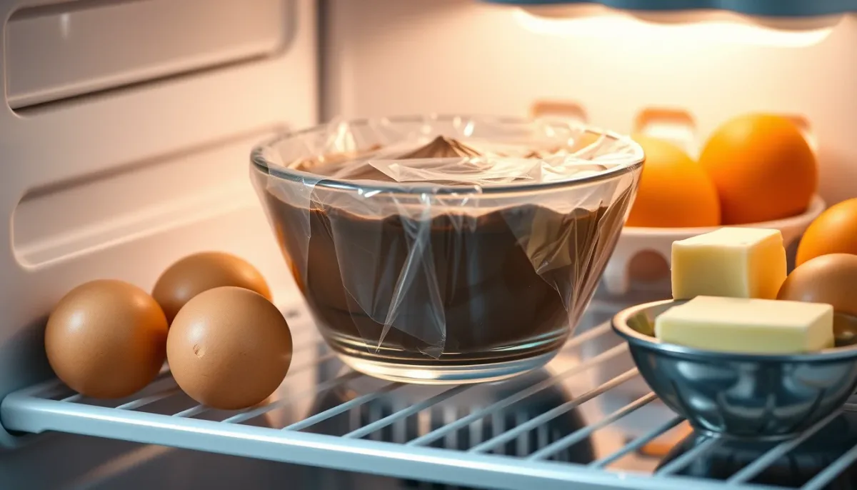 Mousse au chocolat en train de reposer au réfrigérateur dans un bol couvert
