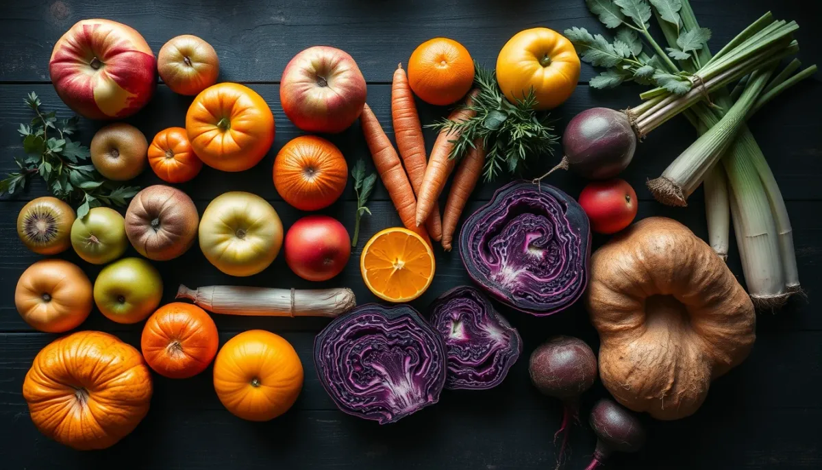 Vue de dessus d'un assortiment de fruits et légumes de saison d'hiver disposés sur une table en bois : pommes, poires, kiwis, agrumes, carottes, poireaux, choux, courges et betteraves