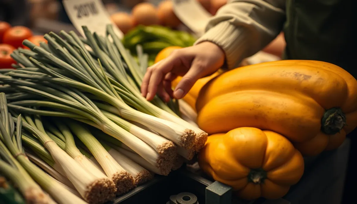 Gros plan de mains sélectionnant des poireaux et une courge butternut fraîche sur un étal de marché, illustrant le choix des fruits et légumes de saison