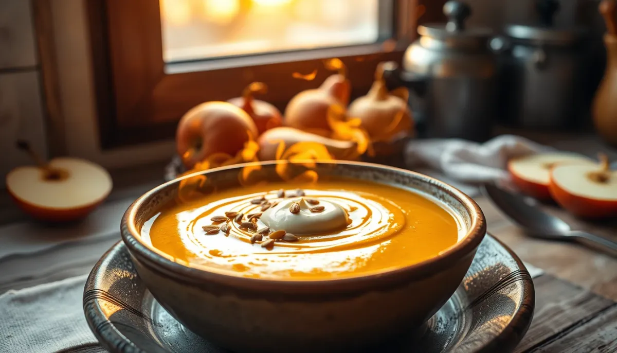 Bol fumant de velouté de potimarron aux châtaignes garni de crème et de graines torréfiées, plat réconfortant à base de légumes de saison