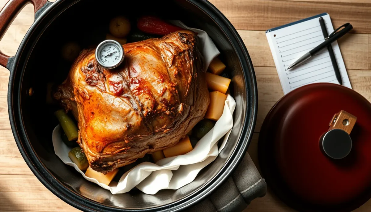 Rôti de porc en cocotte avec un thermomètre à viande planté au centre, vue de dessus