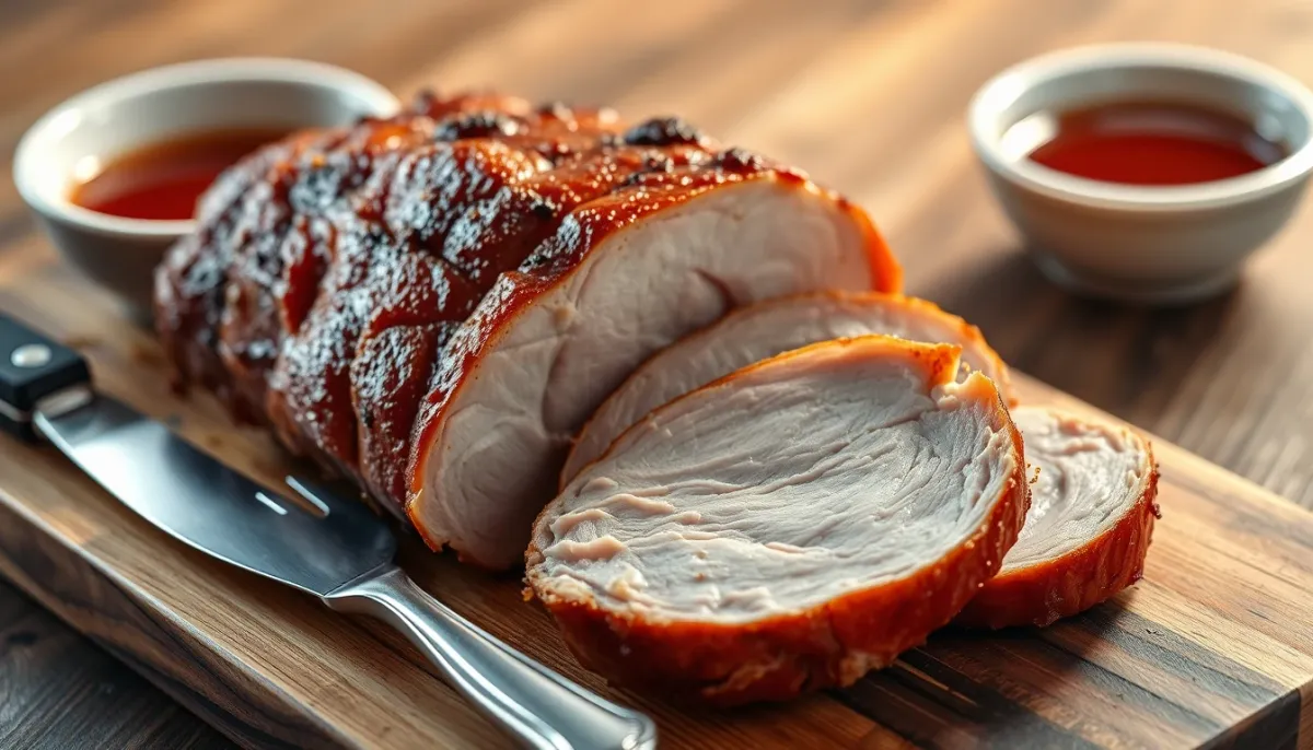 Tranches de rôti de porc juteuses sur une planche à découper, montrant une texture tendre