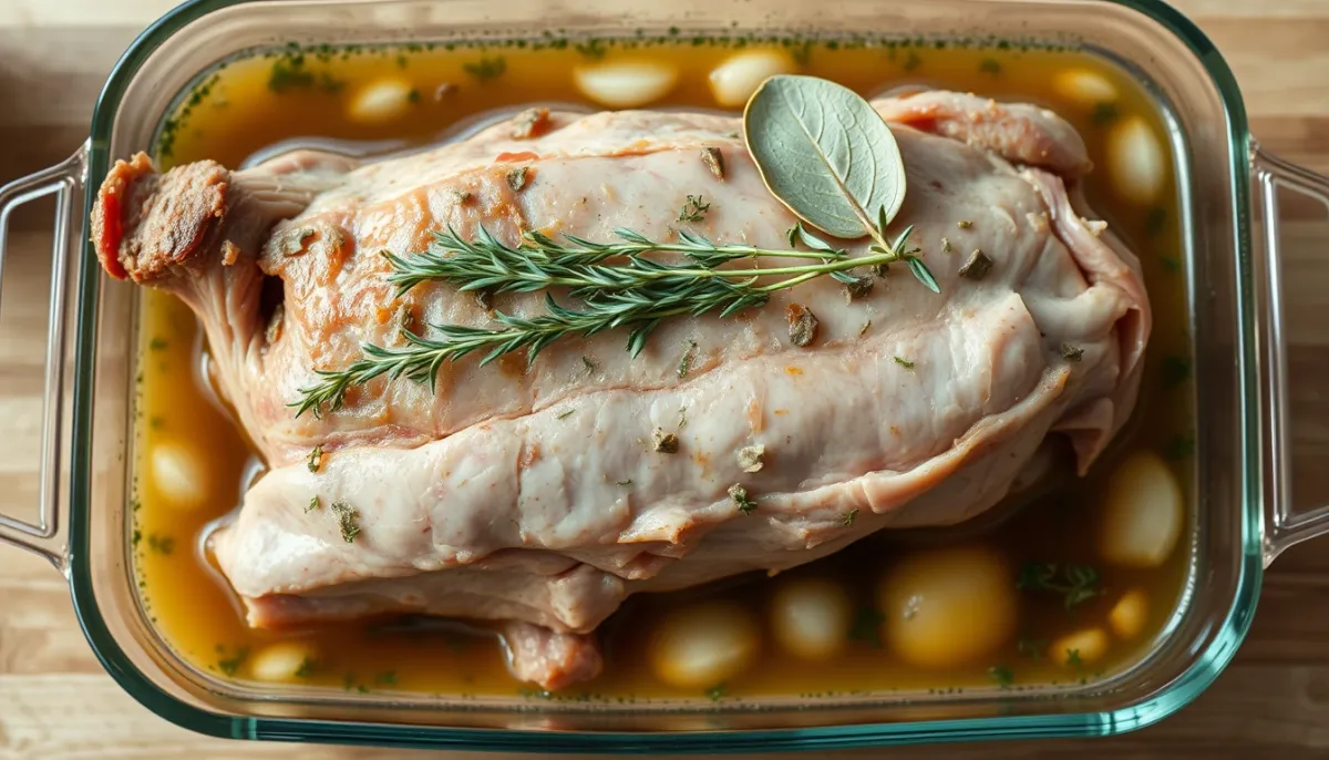 Rôti de porc en train de mariner dans du cidre avec des herbes et des oignons