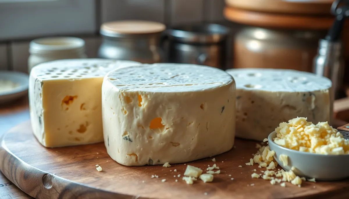 Trois fromages AOP pour fondue savoyarde : Beaufort, Comté et Abondance, avec râpe