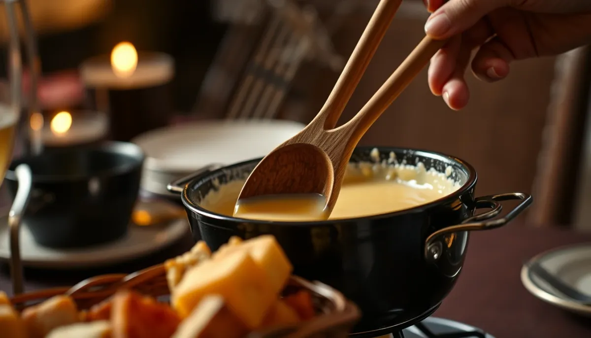Préparation d'une fondue savoyarde onctueuse, mélange en huit avec une cuillère en bois