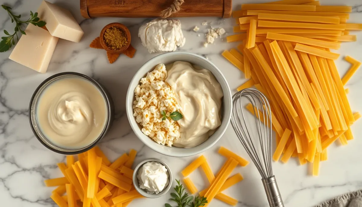 Ingrédients pour gratin de pâtes fondant : béchamel, comté râpé, crème fraîche et pâtes sèches