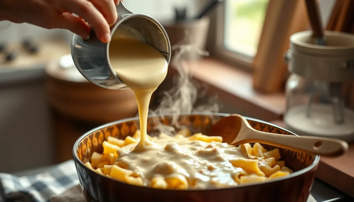 Béchamel crémeuse versée sur des pâtes al dente dans un plat beurré avant enfournement