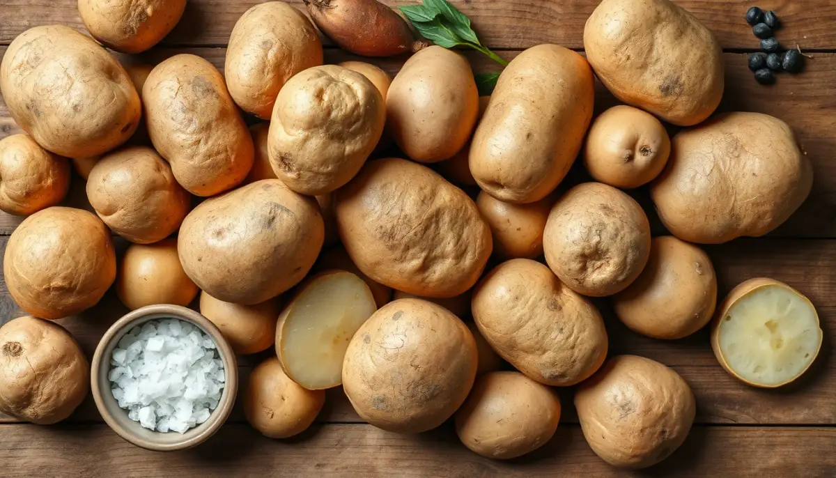 Différentes variétés de pommes de terre crues sur une table en bois
