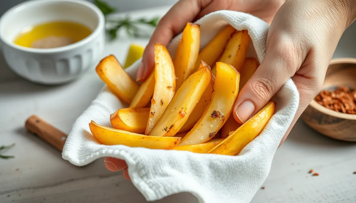 Mains séchant des quartiers de pommes de terre avec un torchon propre