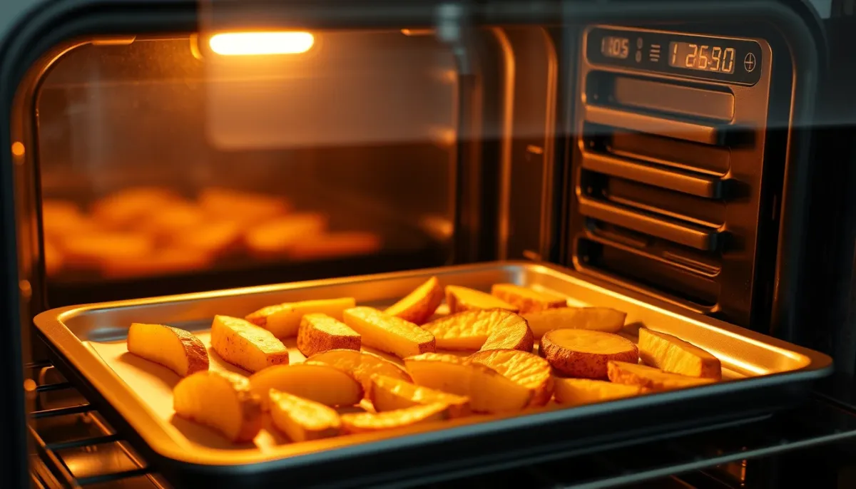 Plaque de pommes de terre rôties enfournée dans un four chaud