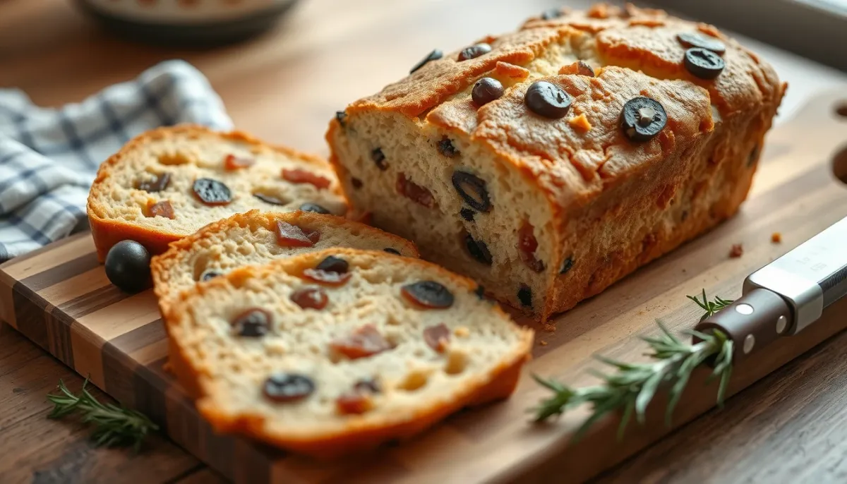 Cake salé aux olives et jambon tranché sur une planche en bois