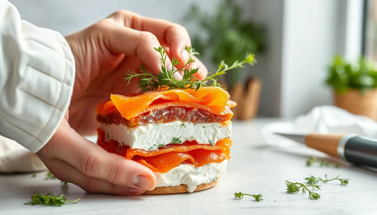 Assemblage d'une verrine apéritive avec saumon fumé et fromage frais