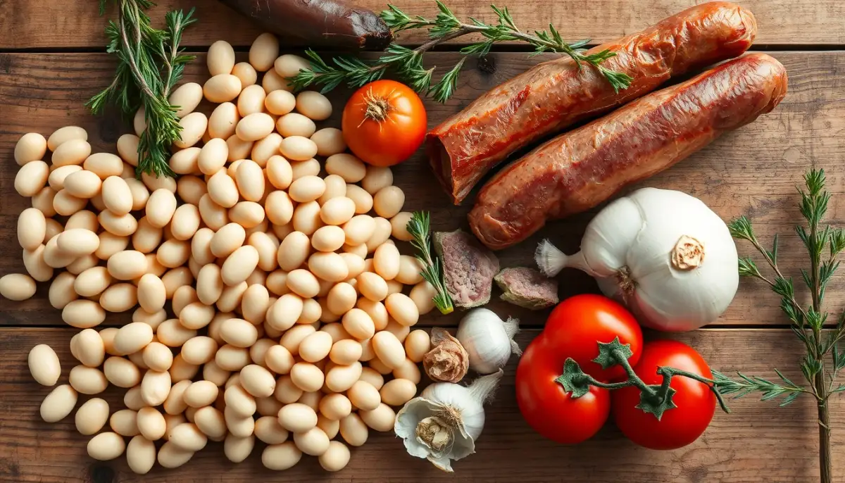 Ingrédients bruts pour cassoulet : haricots lingots, confit de canard, saucisse de Toulouse, couenne, oignons, ail et bouquet garni