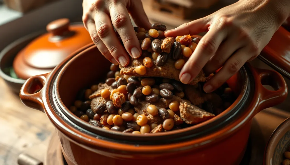 Mains en train de monter un cassoulet en couches dans une cassole en terre cuite