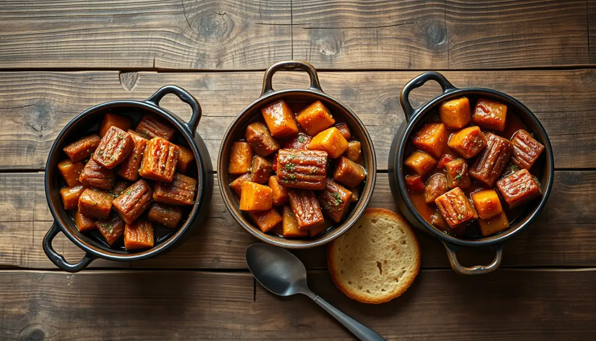 Trois cassolettes de cassoulet représentant les variantes de Castelnaudary, Carcassonne et Toulouse