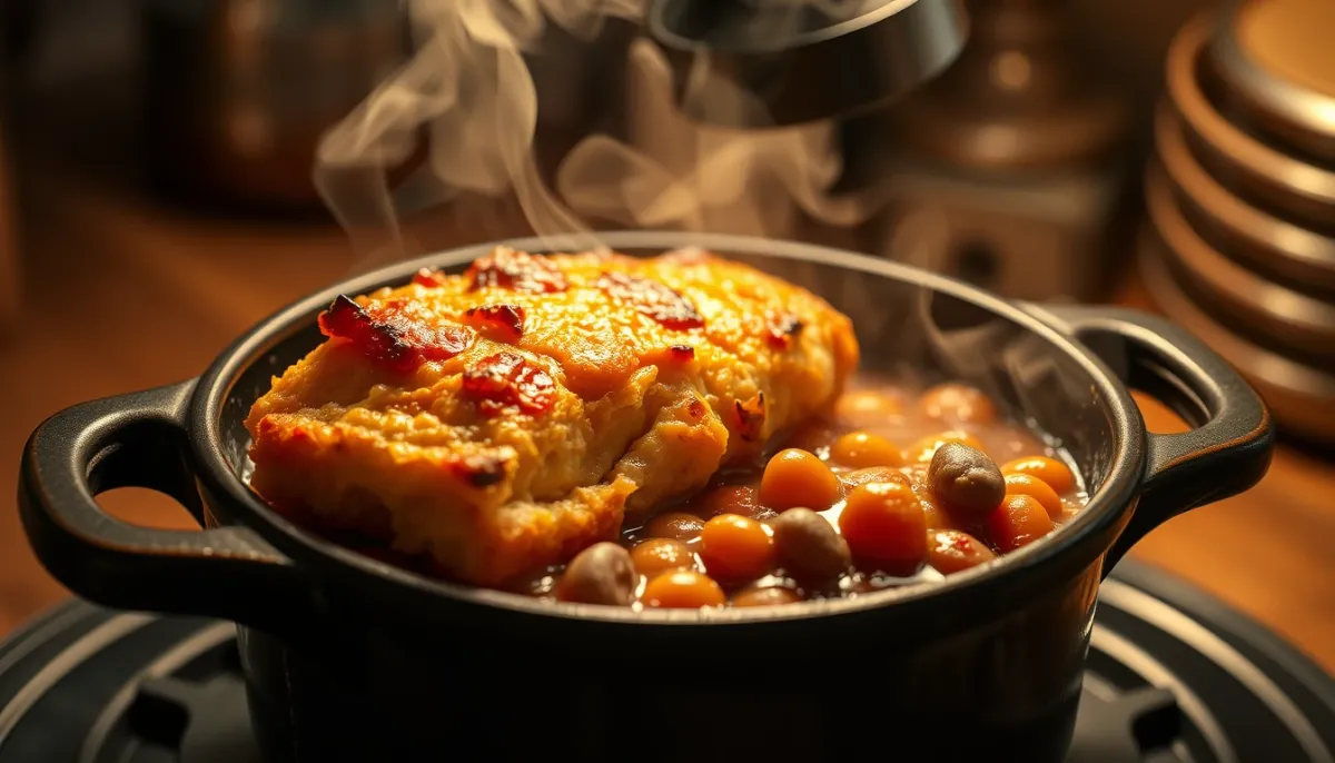 Portion de cassoulet réchauffée dans une petite cocotte en fonte