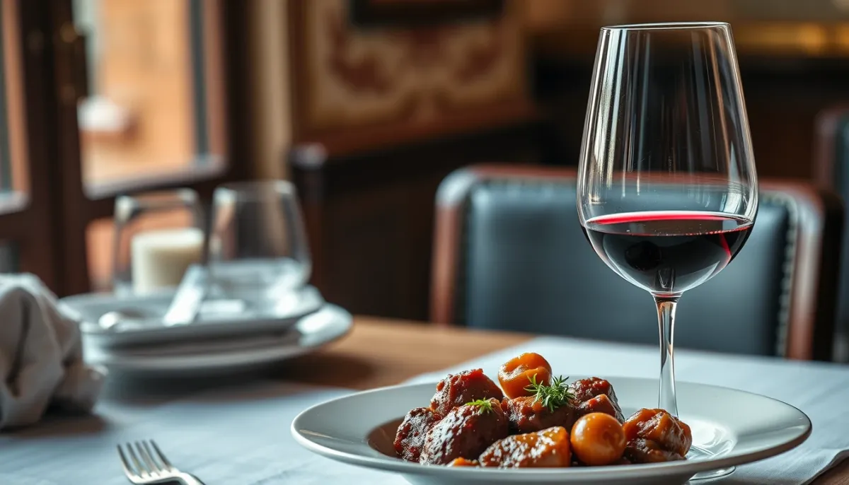 Verre de vin rouge accompagnant une assiette de cassoulet