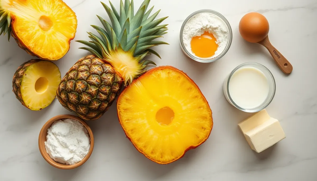 Ingrédients pour gâteau à l'ananas : ananas frais, œufs, farine, sucre, beurre et lait