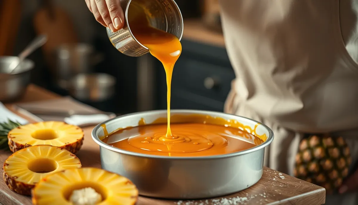 Préparation du caramel versé dans un moule à gâteau pour gâteau à l'ananas
