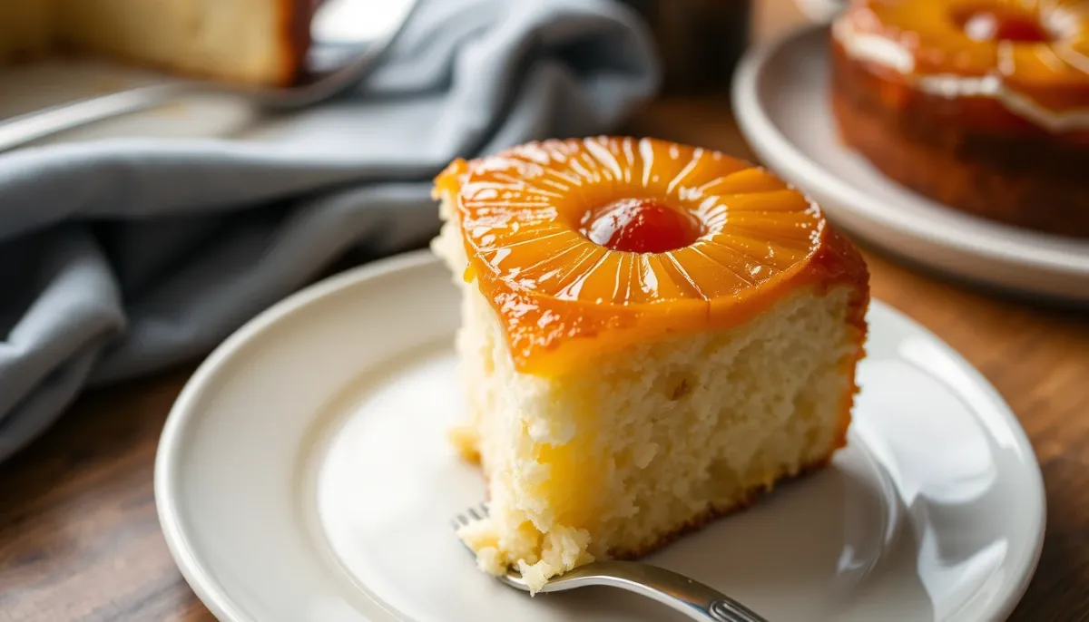 Part de gâteau à l'ananas caramélisé moelleuse avec dessus caramélisé brillant