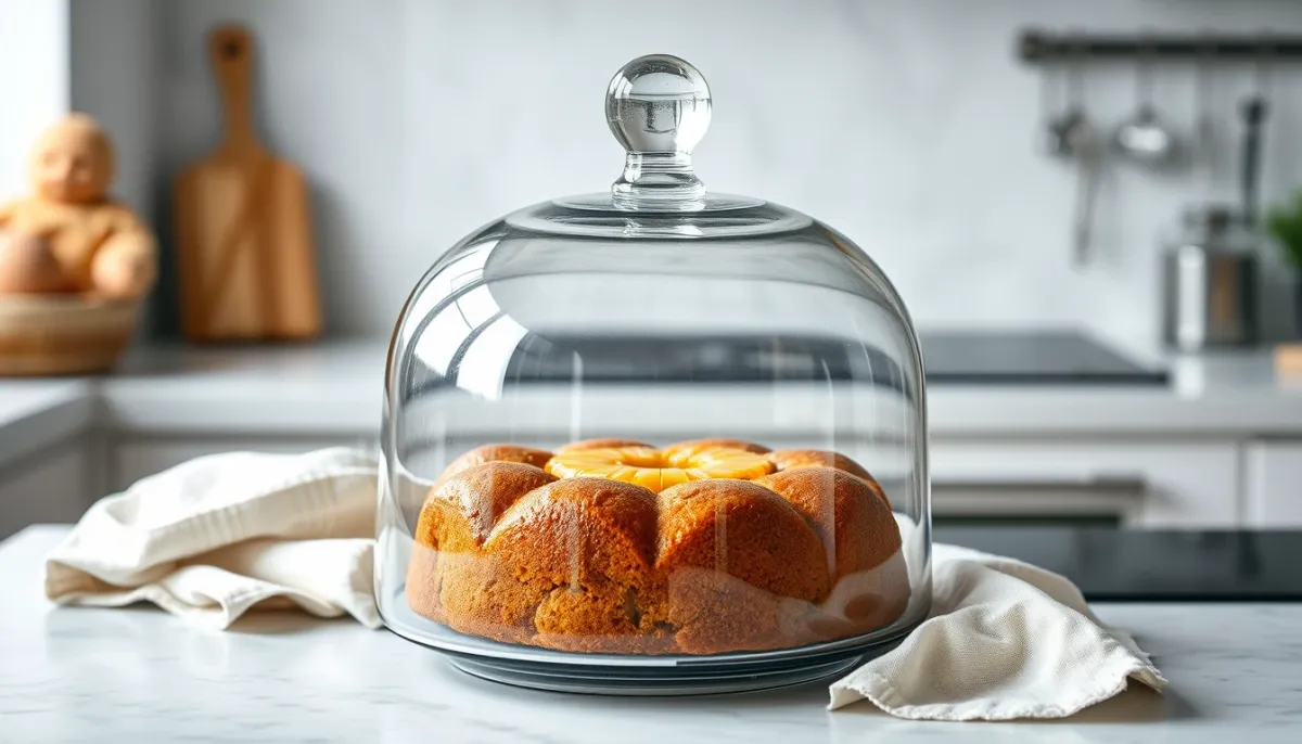 Gâteau à l'ananas caramélisé conservé sous une cloche en verre sur un plan de travail