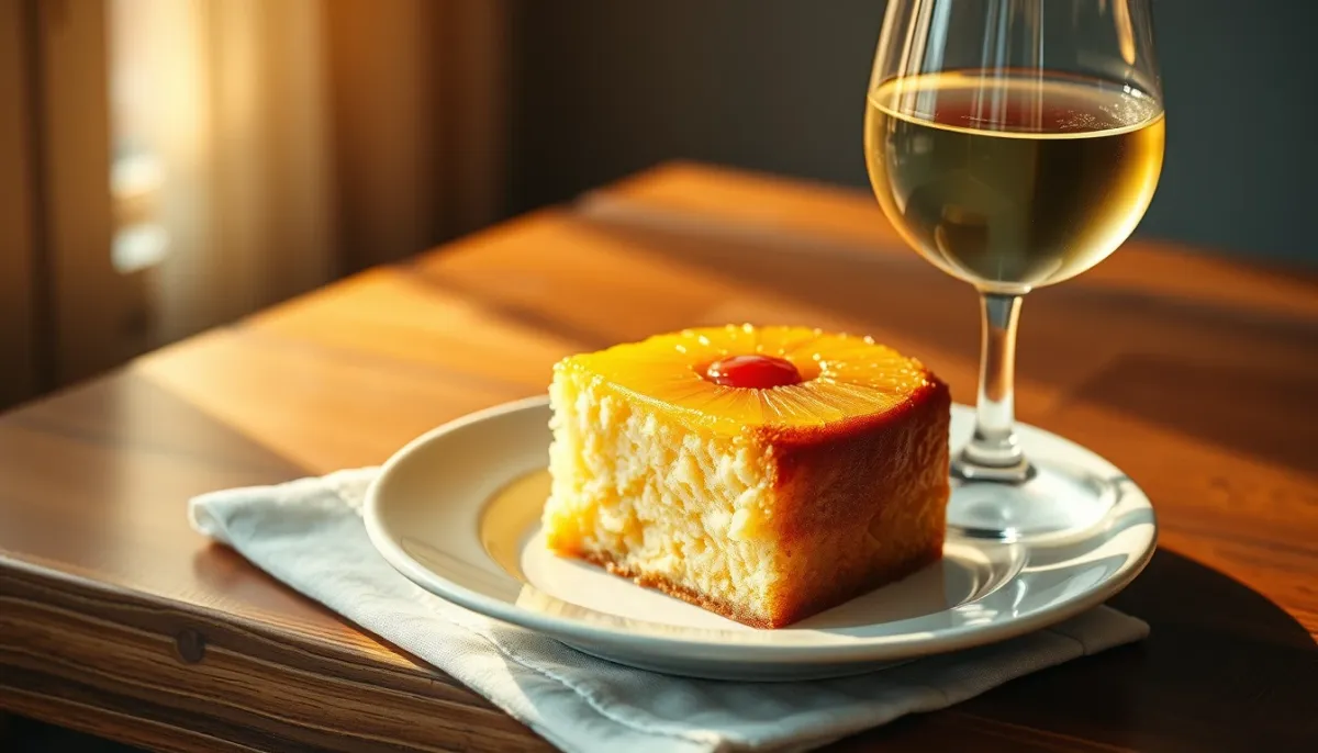 Part de gâteau à l'ananas caramélisé accompagnée d'un verre de vin doux naturel