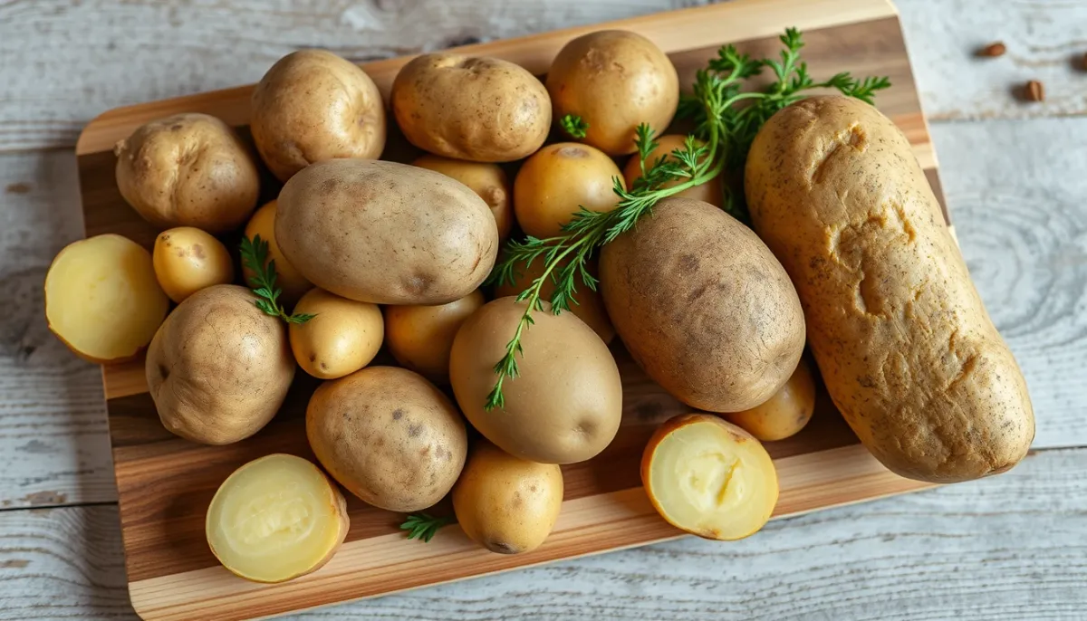 Différentes variétés de pommes de terre (Bintje, Charlotte, Agria) disposées sur une planche à découper