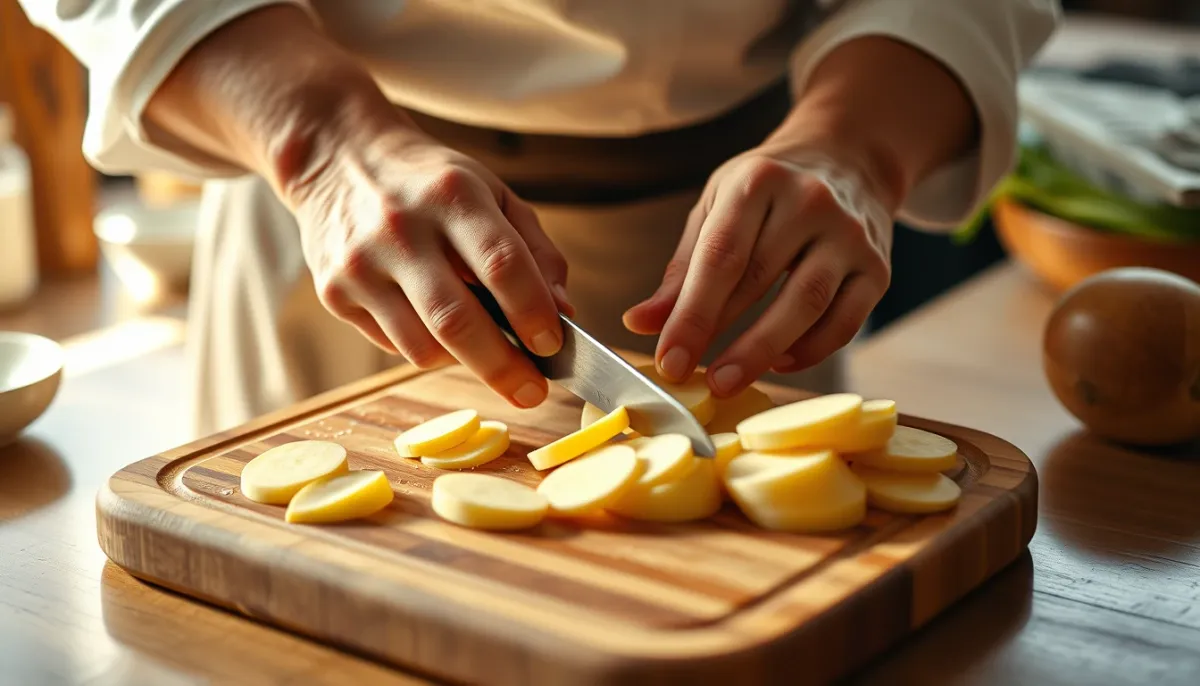 Mains coupant des pommes de terre en fines rondelles sur une planche à découper