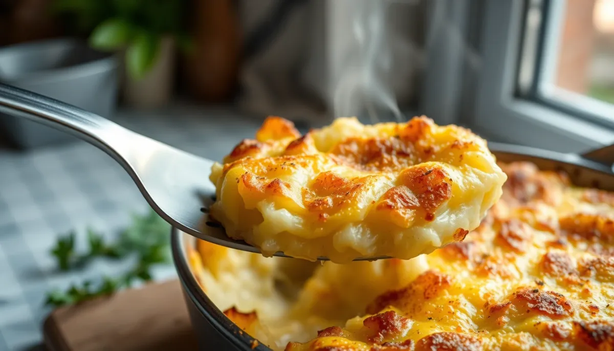 Gratin de pommes de terre tout juste sorti du four, croustillant et doré, en train d'être servi