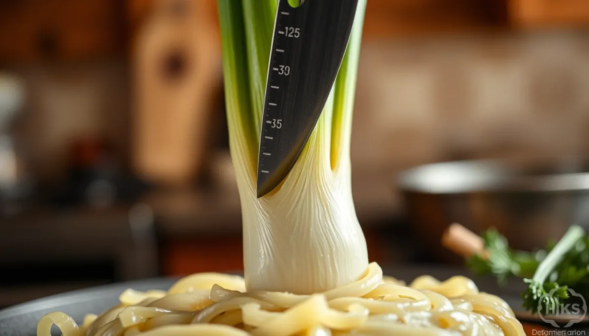 Test de cuisson d'un poireau avec la lame d'un couteau