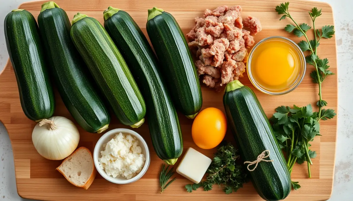 Ingrédients pour la farce des courgettes farcies : viande hachée, oignon, œuf, mie de pain, parmesan et herbes