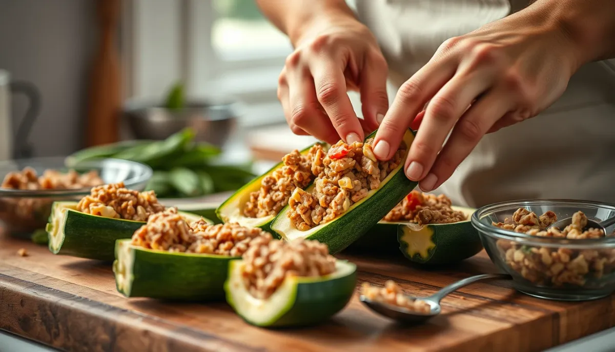 Garnissage des courgettes avec la farce à la viande
