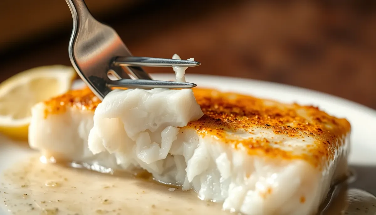Vérification de la cuisson du cabillaud à la fourchette, montrant les feuillets opaques