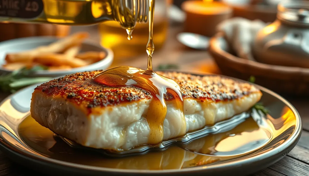 Filet de cabillaud cuit arrosé d'huile d'olive, prêt à être servi