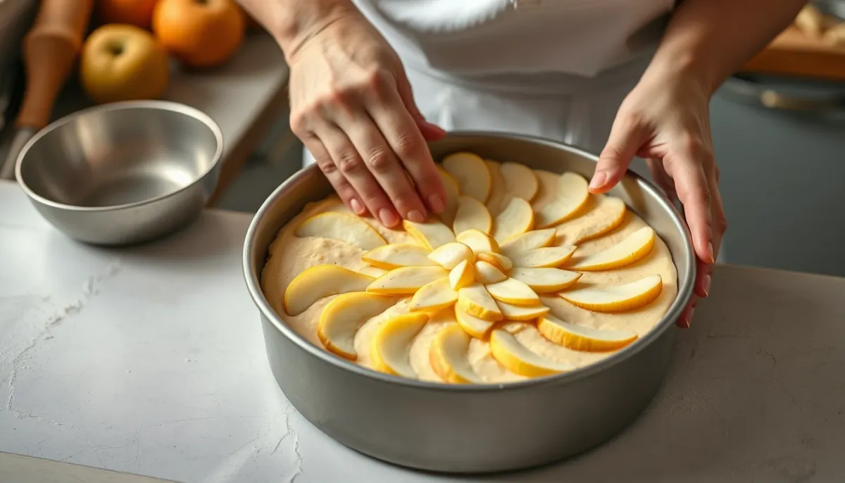 Mains disposant des lamelles de poires en rosace sur la pâte à gâteau