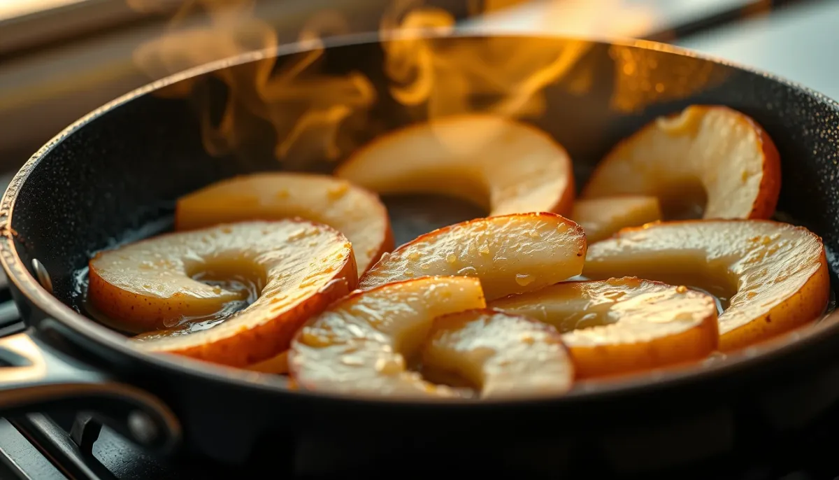 Lamelles de poires précuites à la poêle avec beurre et sucre