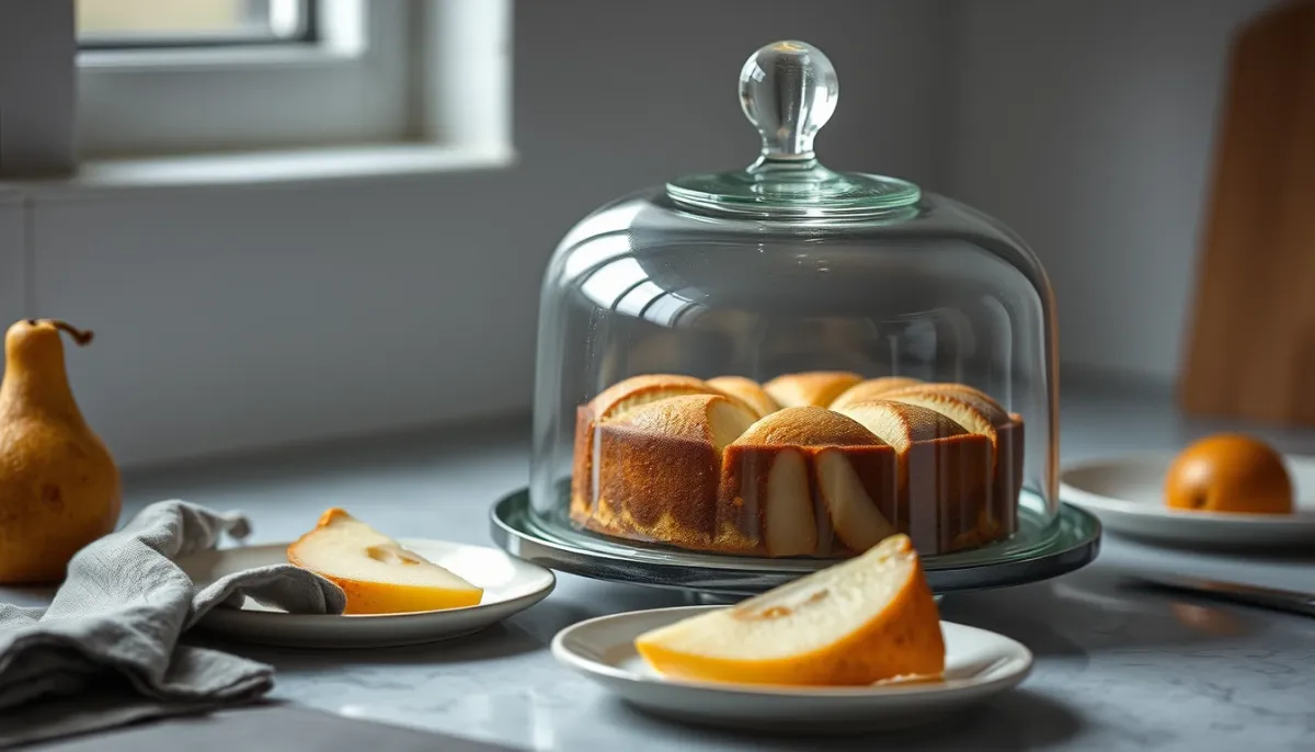 Gâteau aux poires conservé sous une cloche en verre