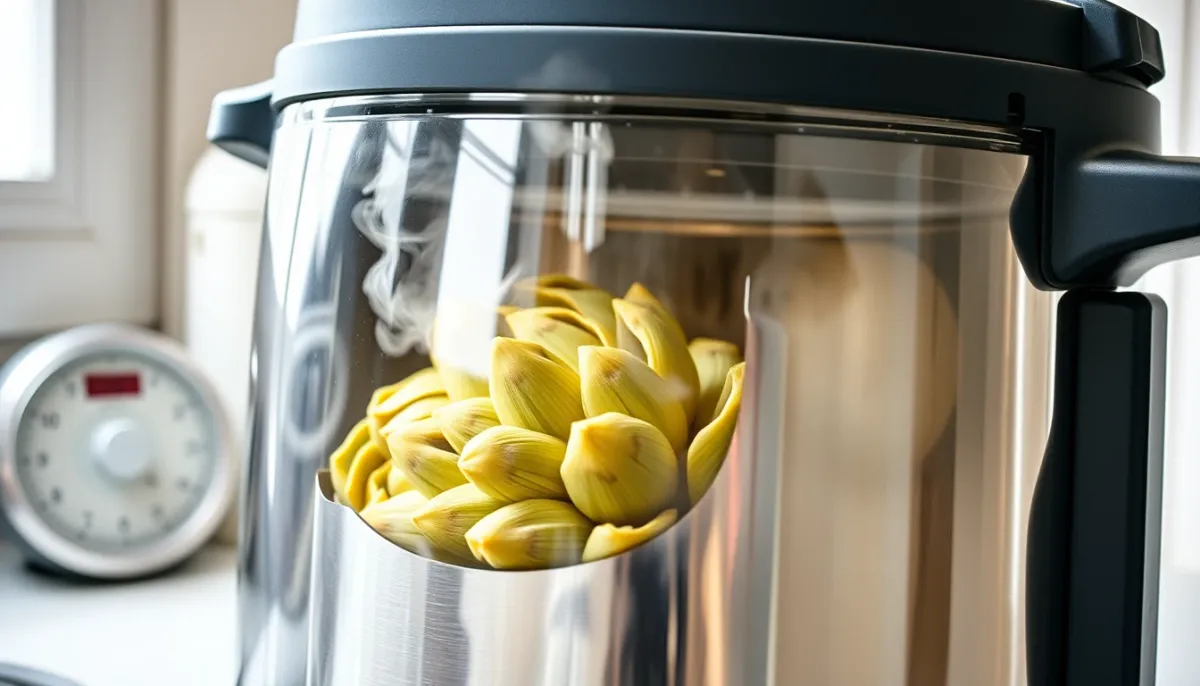 Cocotte-minute fermée avec artichauts à l'intérieur, prête pour la cuisson sous pression