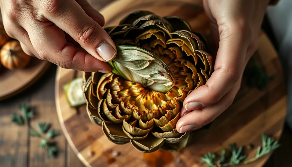 Vérification de la cuisson d'un artichaut en tirant une feuille extérieure