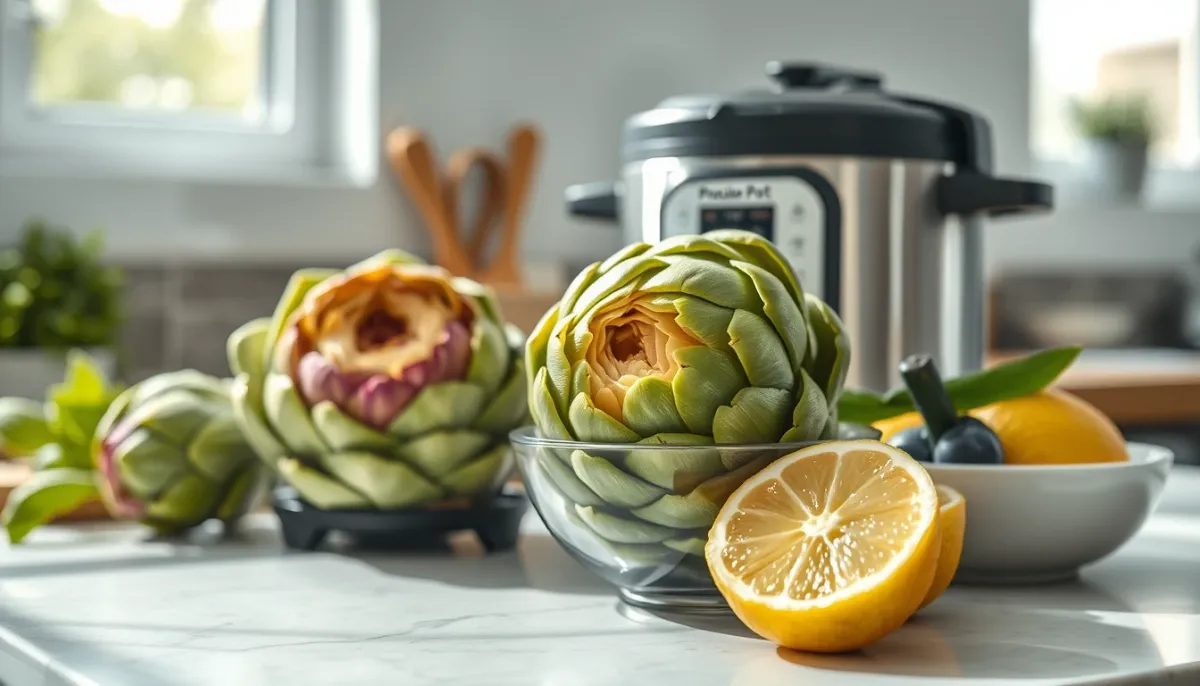 Plan de travail avec cocotte-minute, artichauts et citron, illustrant les astuces de cuisson