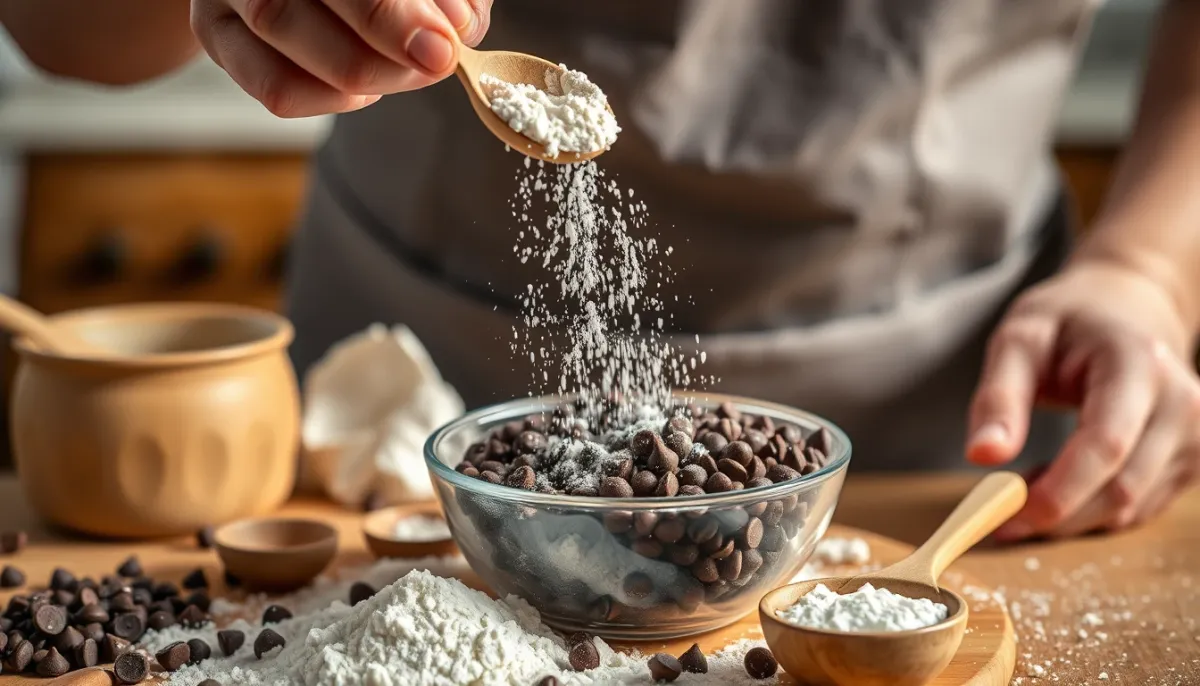Mains saupoudrant de la farine sur des pépites de chocolat dans un bol